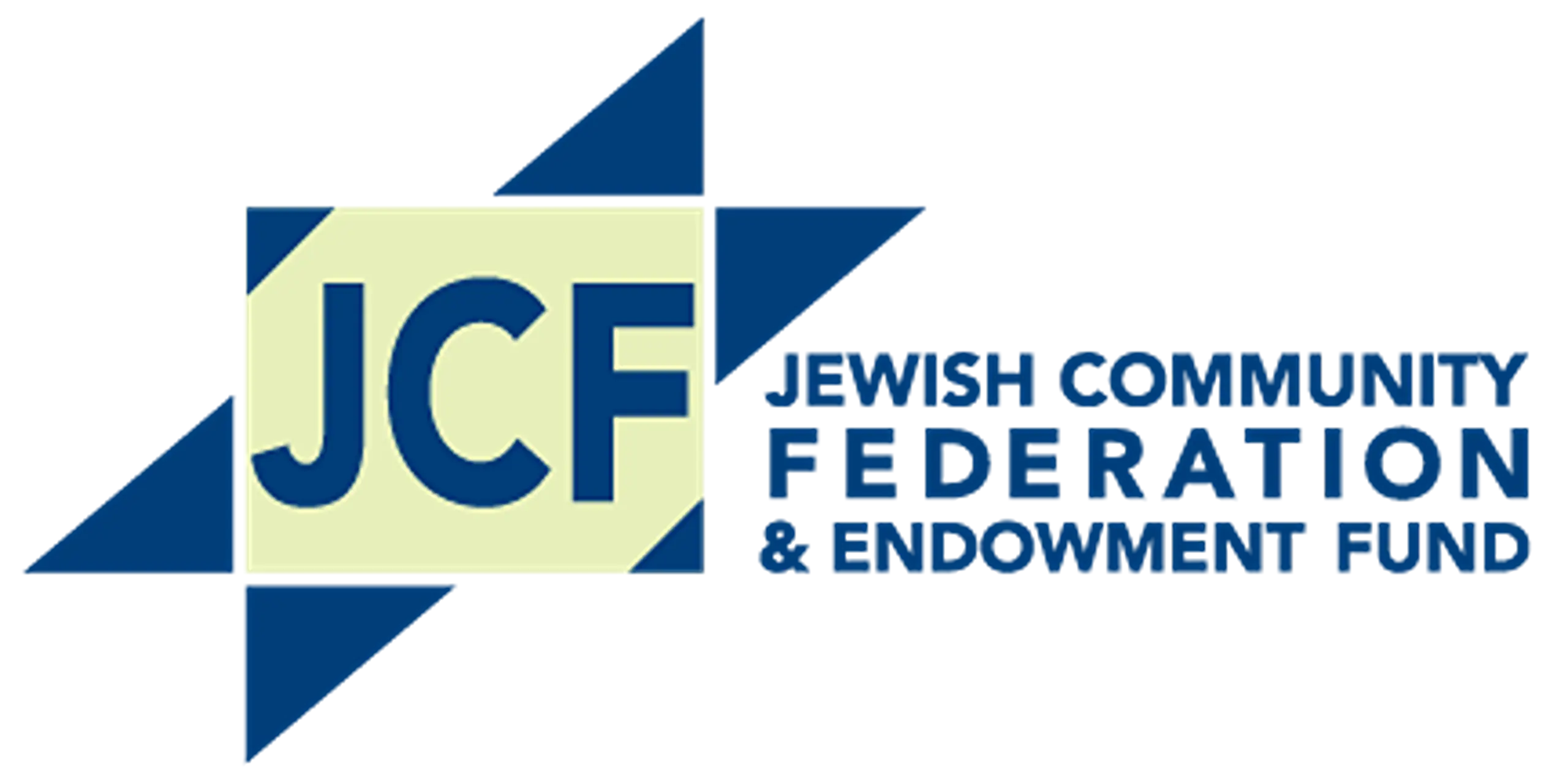 The image features the logo of the Jewish Community Federation & Endowment Fund (JCF). The logo includes the letters "JCF" inside a light-colored box, with sharp geometric shapes in blue and teal surrounding the text. The full name of the organization is displayed next to the box.